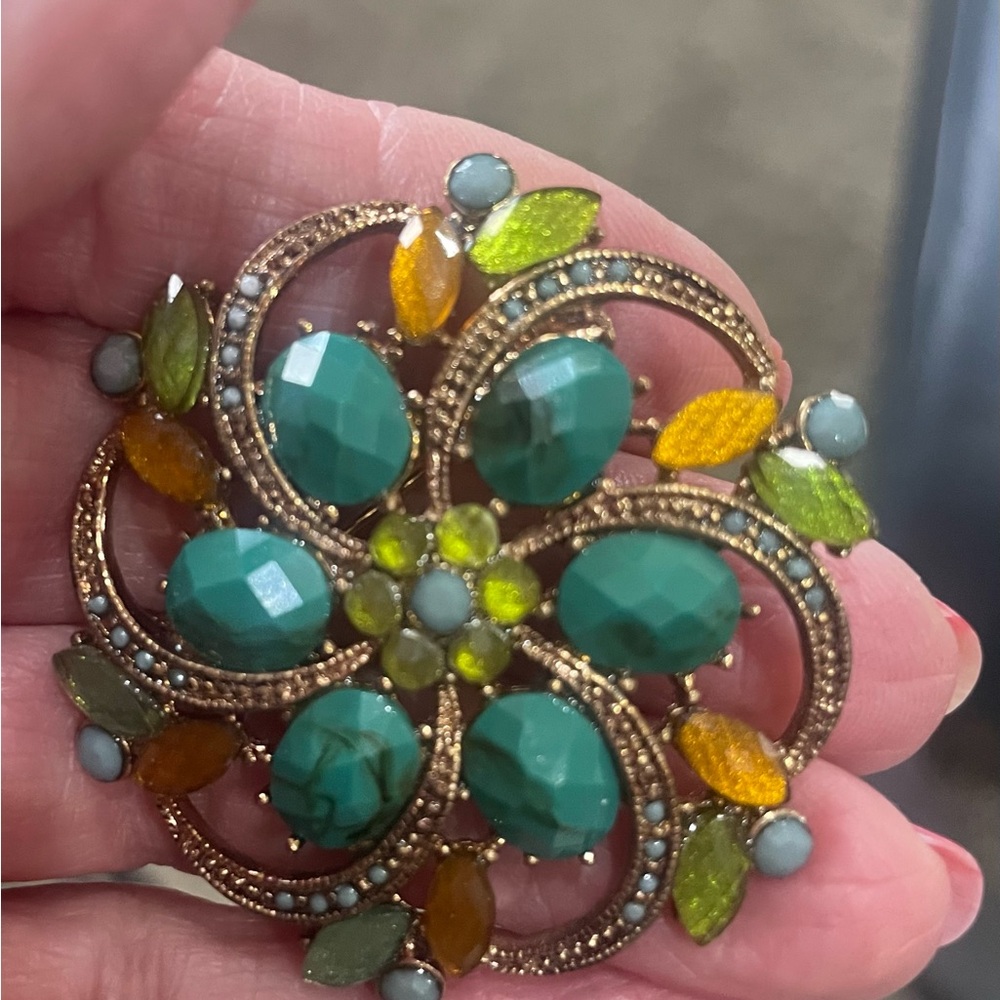 American Vintage Teal and Gold Brooch
